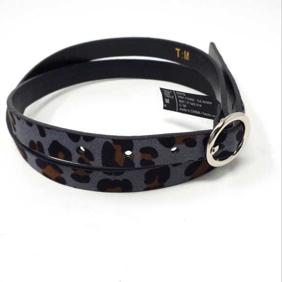 MNG MANGO SKINNY GREY ANIMAL CHEETAH PRINT BELT SILVER ROUND BUCKLE WOMEN MEDIUM - Picture 2 of 13